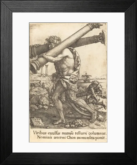 Framed Print : Hercules Carrying the Two Columns of Gaza, 1550. Creator: Heinrich Aldegrever Framed Print : Hercules Carrying the Two Columns of Gaza, 1550. Creator: Heinrich Aldegrever