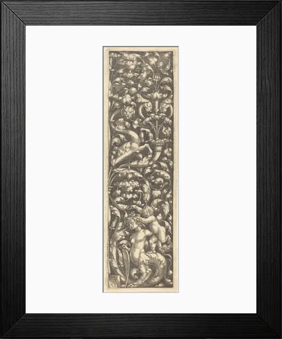Framed Print : Ornament with a Child on the Back of a Sphinx, 1535. Creator: Heinrich Aldegrever