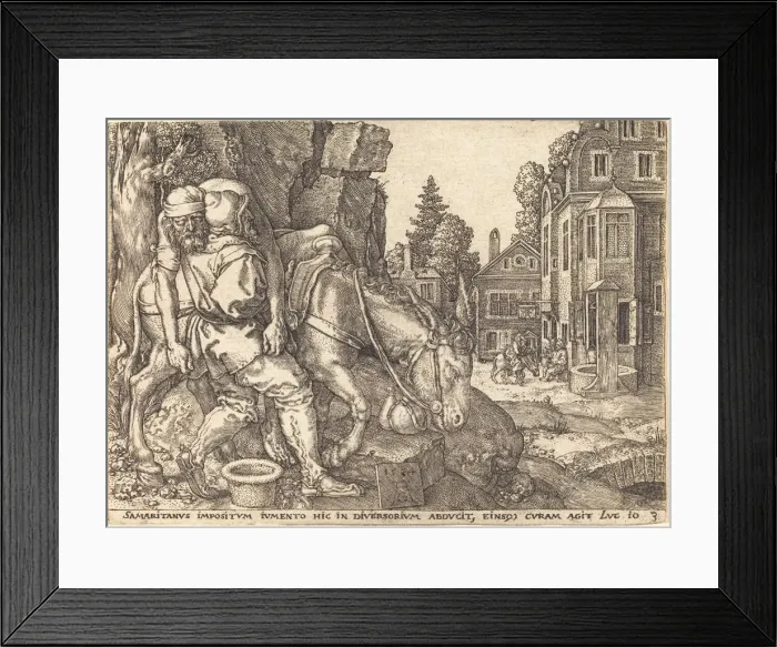 Framed Print : The Good Samaritan Placing the Traveler on a Mule, 1554. Creator: Heinrich Aldegrever Framed Print : The Good Samaritan Placing the Traveler on a Mule, 1554. Creator: Heinrich Aldegrever