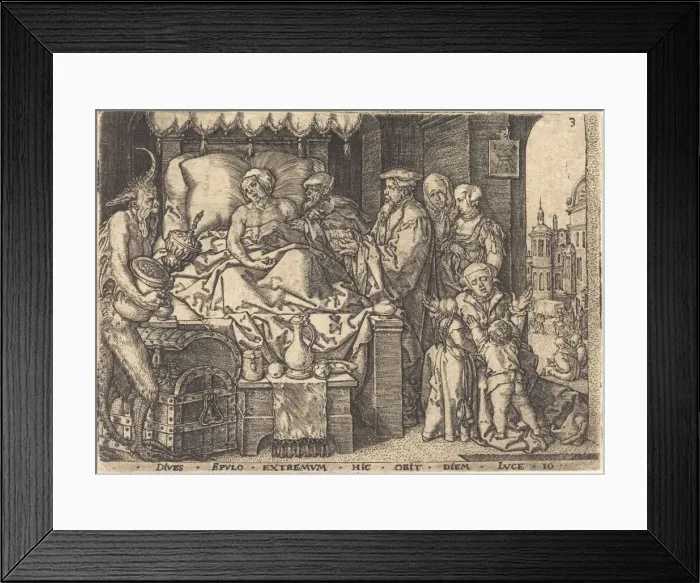 Framed Print : The Rich Man on His Death Bed, 1554. Creator: Heinrich Aldegrever Framed Print : The Rich Man on His Death Bed, 1554. Creator: Heinrich Aldegrever