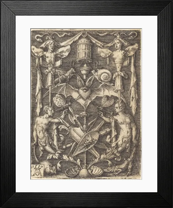 Framed Print : Ornament with Trophy of Arms, 1550. Creator: Heinrich Aldegrever Framed Print : Ornament with Trophy of Arms, 1550. Creator: Heinrich Aldegrever