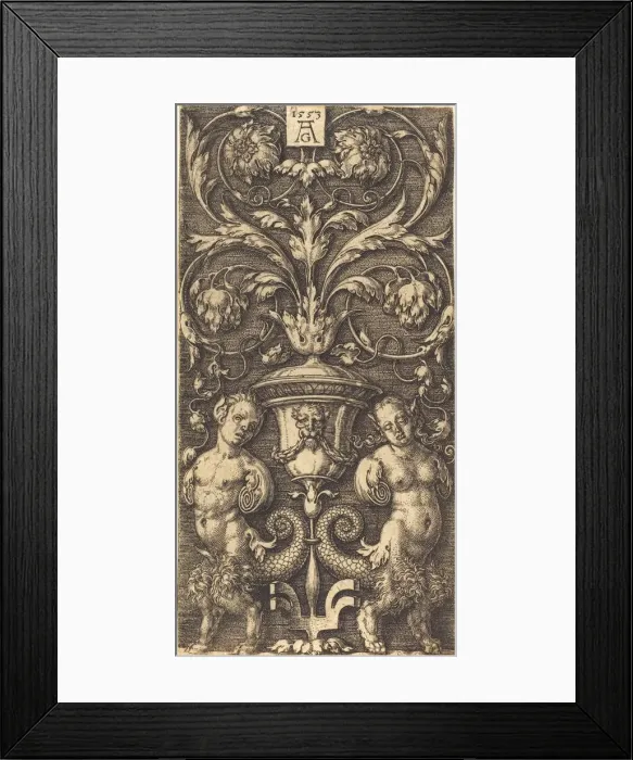 Framed Print : Ornament with Vase and Two Female Figures, 1553. Creator: Heinrich Aldegrever Framed Print : Ornament with Vase and Two Female Figures, 1553. Creator: Heinrich Aldegrever