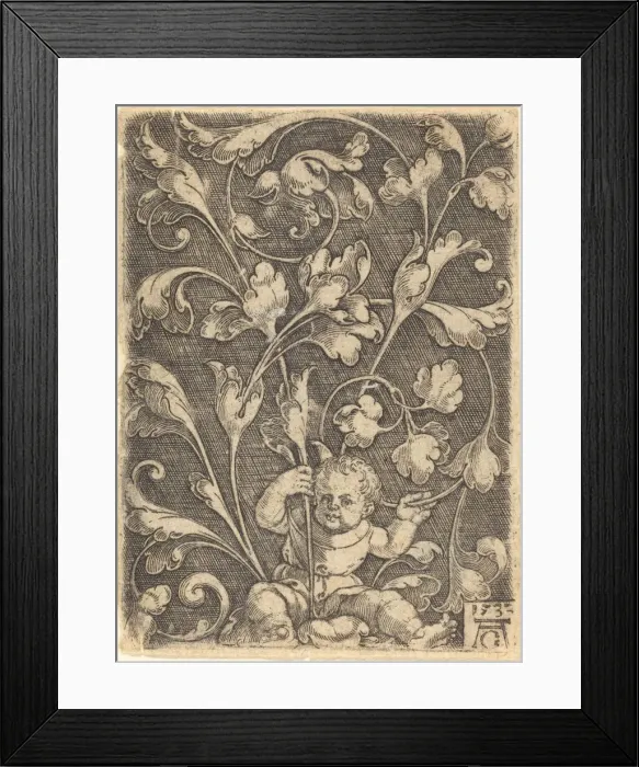 Framed Print : Scroll Ornament with Seated Child, 1532. Creator: Heinrich Aldegrever Framed Print : Scroll Ornament with Seated Child, 1532. Creator: Heinrich Aldegrever