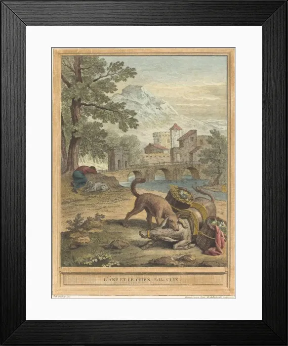 Framed Print : L ane et le chien (The Donkey and the Dog), published 1756. Creator: Michel Aubert Framed Print : L ane et le chien (The Donkey and the Dog), published 1756. Creator: Michel Aubert
