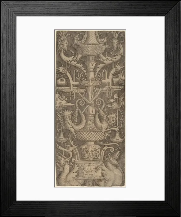 Framed Print : Ornament Panel with Dragons, Masks, and Instruments of War, c. 1505. Creator: Zoan Andrea Framed Print : Ornament Panel with Dragons, Masks, and Instruments of War, c. 1505. Creator: Zoan Andrea
