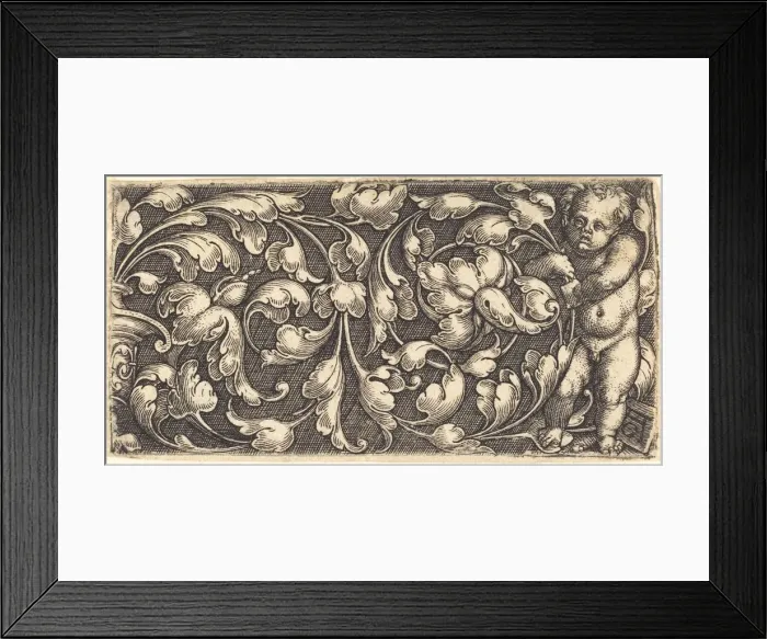 Framed Print : Naked Infant Holding a Double Scroll of Leafy Ornament. Creator: Heinrich Aldegrever Framed Print : Naked Infant Holding a Double Scroll of Leafy Ornament. Creator: Heinrich Aldegrever