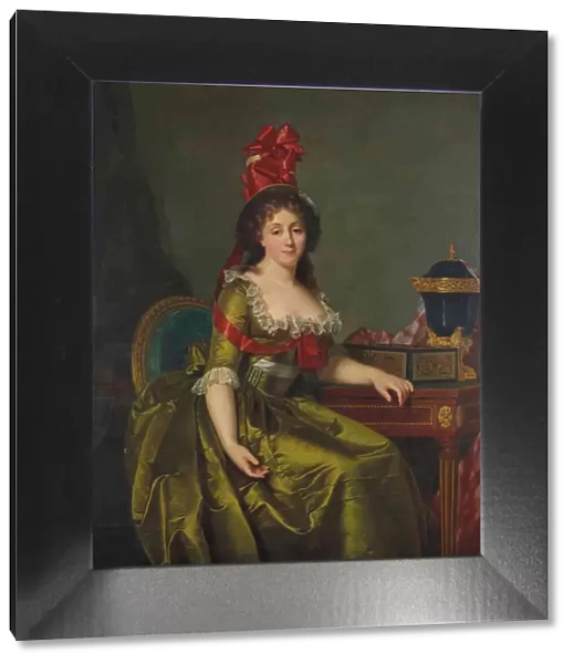 Portrait of a lady, in a green satin dress and a bonnet with red ribbons