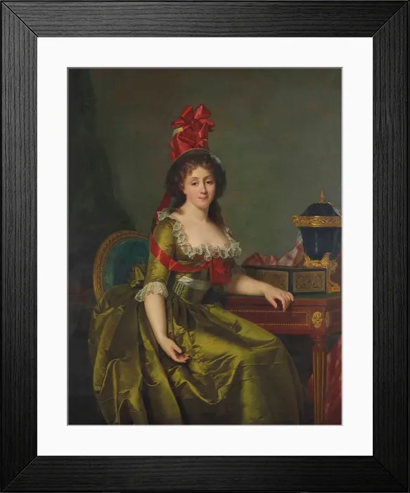 Framed Print : Portrait of a lady, in a green satin dress and a bonnet with red ribbons Framed Print : Portrait of a lady, in a green satin dress and a bonnet with red ribbons