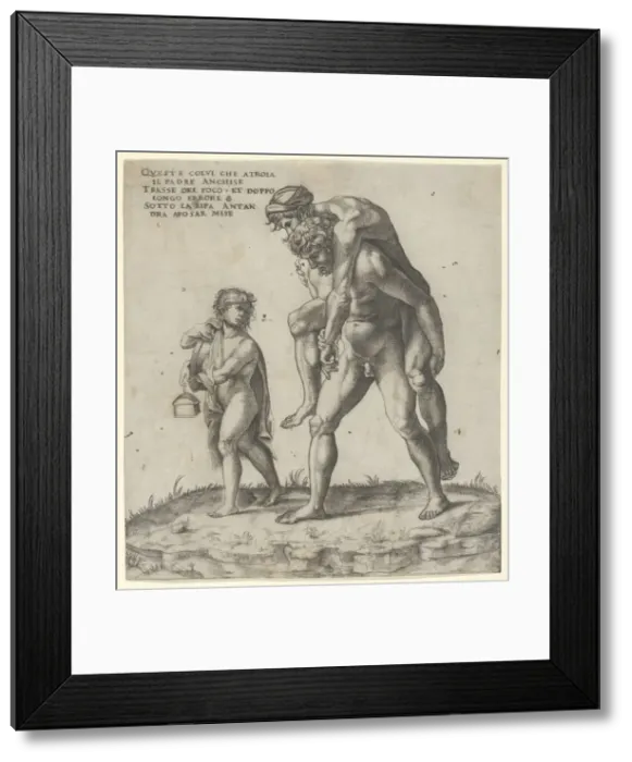 Framed Print : Aeneas rescuing Anchises, a young boy carrying a lantern at left, ca. 1525. ca. 1525 Framed Print : Aeneas rescuing Anchises, a young boy carrying a lantern at left, ca. 1525. ca. 1525