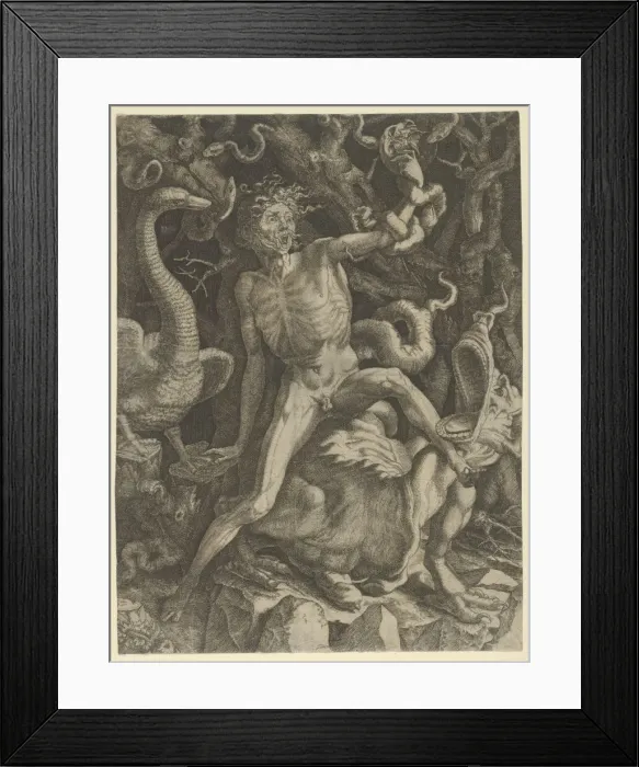 Framed Print : Fury personified as an old man riding a monster, holding a skull in his left hand, c Framed Print : Fury personified as an old man riding a monster, holding a skull in his left hand, c