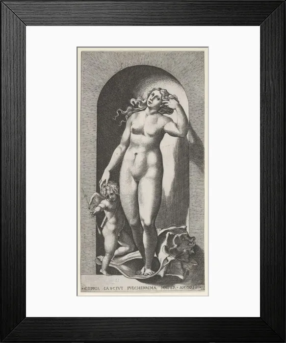 Framed Print : Plate 10: Venus in a niche, standing on a conch shell, with Cupid to her right Framed Print : Plate 10: Venus in a niche, standing on a conch shell, with Cupid to her right