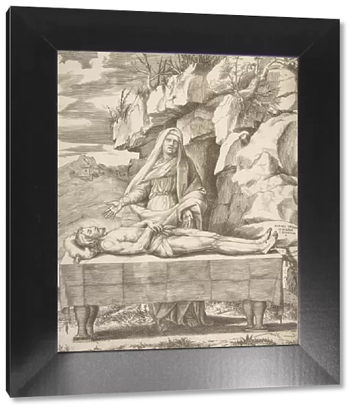 Pieta, Christ stretched out on a table in a landscape, the Virgin standing behind arms