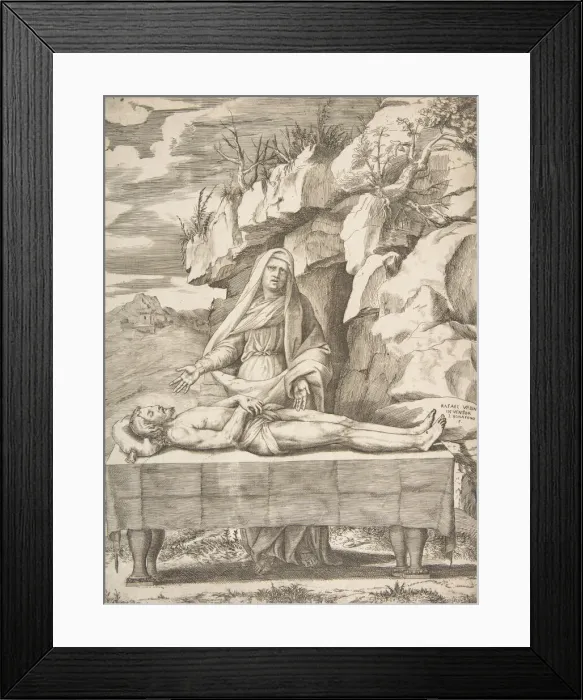 Framed Print : Pieta, Christ stretched out on a table in a landscape, the Virgin standing behind arms Framed Print : Pieta, Christ stretched out on a table in a landscape, the Virgin standing behind arms