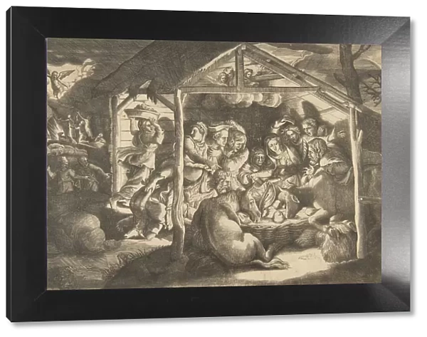 The adoration of the shepherds, various figures surrounding the Christ Child in the cen
