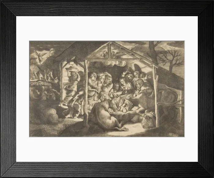 Framed Print : The adoration of the shepherds, various figures surrounding the Christ Child in the cen Framed Print : The adoration of the shepherds, various figures surrounding the Christ Child in the cen