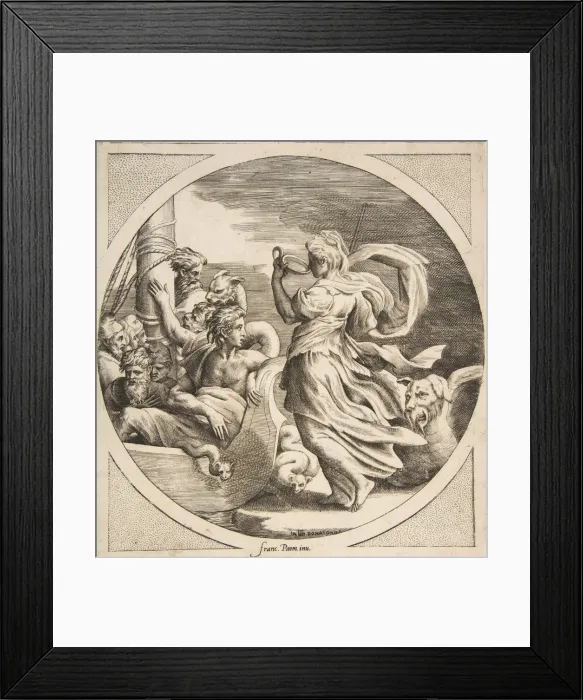 Framed Print : Circe drinking from a cup with the companions of Ulysses in a boat at left, a circular Framed Print : Circe drinking from a cup with the companions of Ulysses in a boat at left, a circular