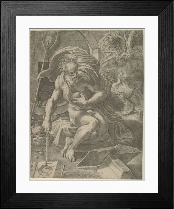 Framed Print : Diogenes seated with his barrel behind him, and reading a book while holding a stic Framed Print : Diogenes seated with his barrel behind him, and reading a book while holding a stic