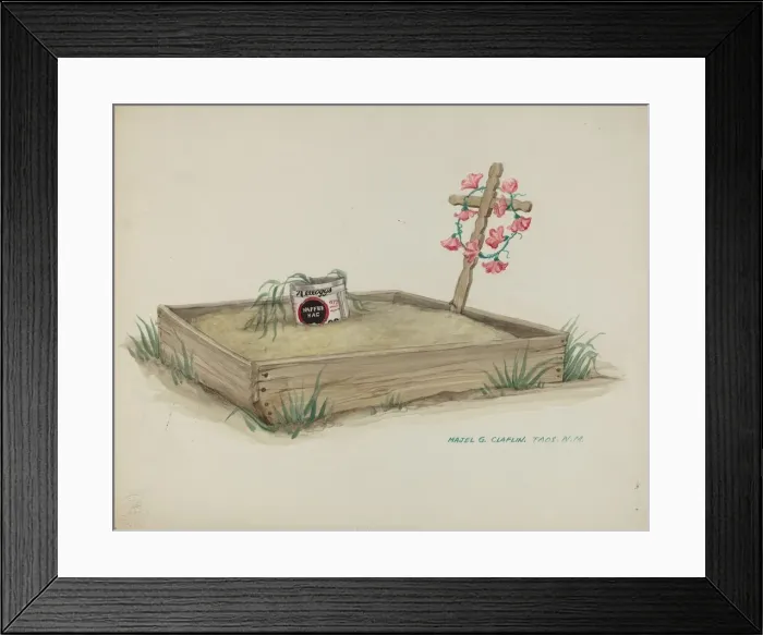 Framed Print : Childs Grave with Hand Made Cross of Wood, c. 1937. Creator: Majel G. Claflin Framed Print : Childs Grave with Hand Made Cross of Wood, c. 1937. Creator: Majel G. Claflin