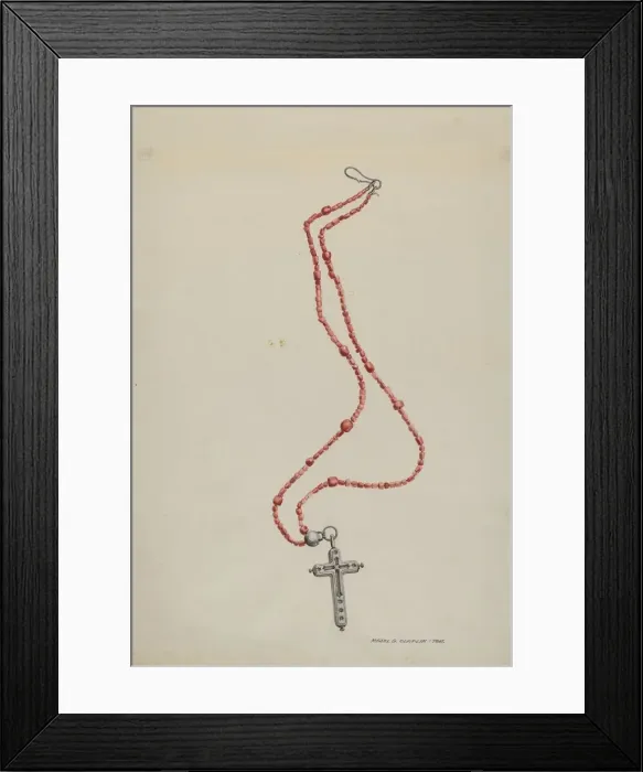 Framed Print : Coral Beads and Crucifix, c. 1937. Creator: Majel G. Claflin Framed Print : Coral Beads and Crucifix, c. 1937. Creator: Majel G. Claflin