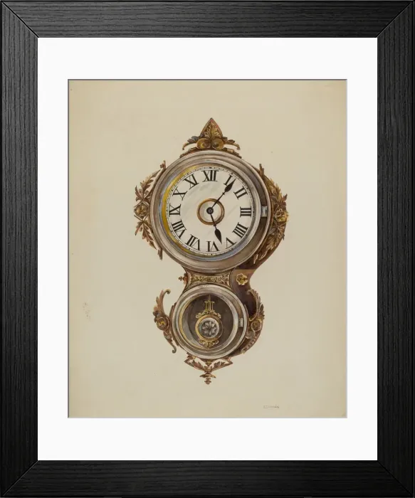 Framed Print : Metal Wall Clock, c. 1938. Creator: Peter Connin