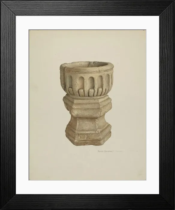 Framed Print : Stone Baptismal Font, c. 1940. Creator: Rose Campbell-Gerke Framed Print : Stone Baptismal Font, c. 1940. Creator: Rose Campbell-Gerke