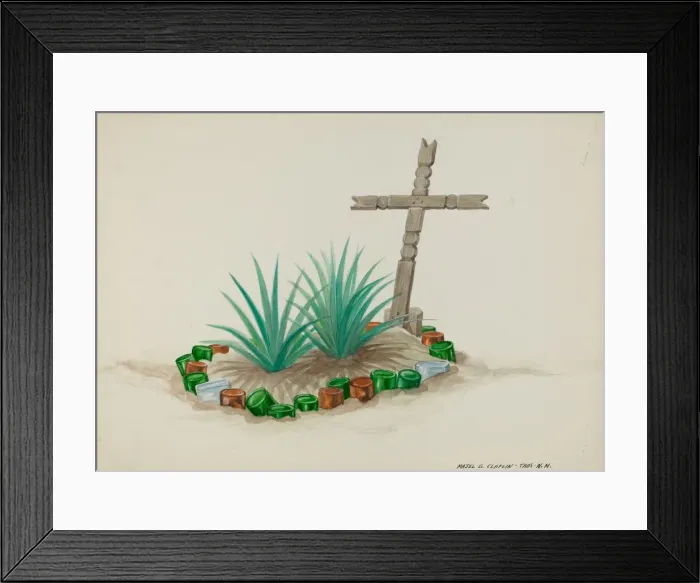 Framed Print : Childs Grave with Wooden Cross - Bottle Decorations, c. 1937. Creator: Majel G. Claflin Framed Print : Childs Grave with Wooden Cross - Bottle Decorations, c. 1937. Creator: Majel G. Claflin