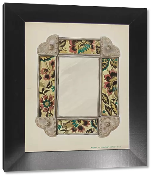 Mirror, Framed with Wall Paper Panels, Bordered in Tin, c. 1938. Creator: Majel G