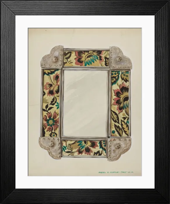Framed Print : Mirror, Framed with Wall Paper Panels, Bordered in Tin, c. 1938. Creator: Majel G Framed Print : Mirror, Framed with Wall Paper Panels, Bordered in Tin, c. 1938. Creator: Majel G