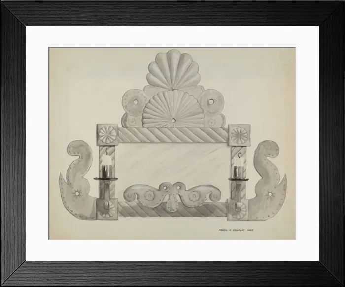 Framed Print : Tin Mirror Frame with 2 Candle Sockets, c. 1937. Creator: Majel G. Claflin Framed Print : Tin Mirror Frame with 2 Candle Sockets, c. 1937. Creator: Majel G. Claflin