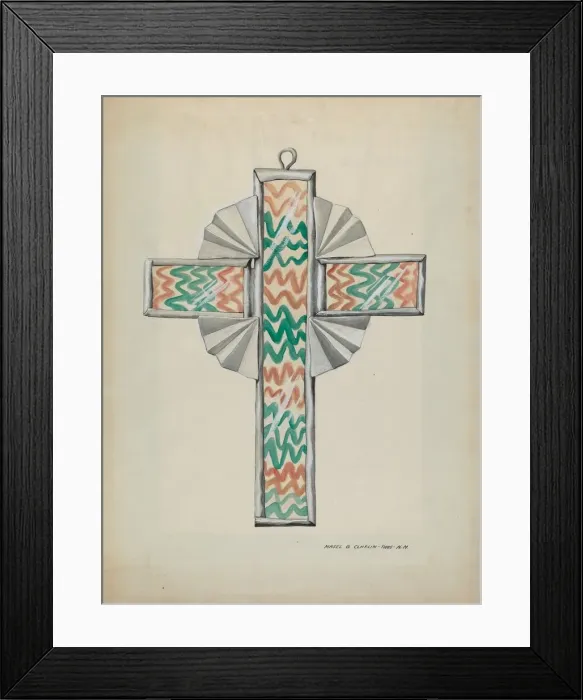 Framed Print : Tin and Painted Glass Cross, c. 1937. Creator: Majel G. Claflin Framed Print : Tin and Painted Glass Cross, c. 1937. Creator: Majel G. Claflin