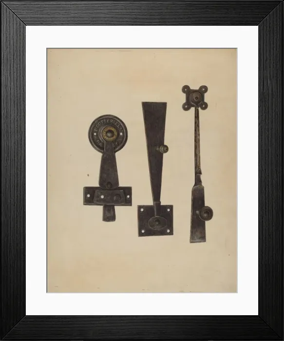 Framed Print : Three Door Latches, c. 1938. Creator: Al Curry Framed Print : Three Door Latches, c. 1938. Creator: Al Curry