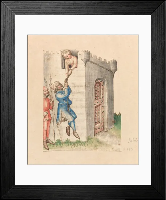 Framed Print : Woman Suspending Man from Tower, c. 1420 / 1430. Creator: Unknown Framed Print : Woman Suspending Man from Tower, c. 1420 / 1430. Creator: Unknown