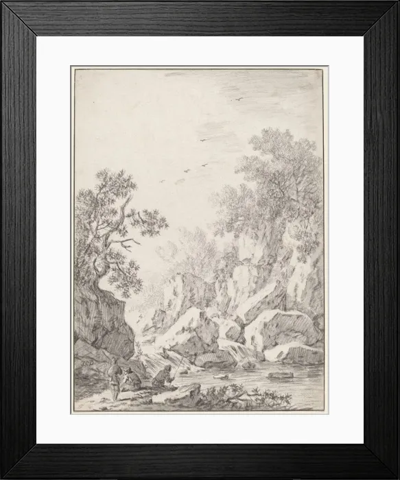 Framed Print : A Waterfall by Rock Cliffs, 1750s(?). Creator: Johann Christoph Dietzsch Framed Print : A Waterfall by Rock Cliffs, 1750s(?). Creator: Johann Christoph Dietzsch