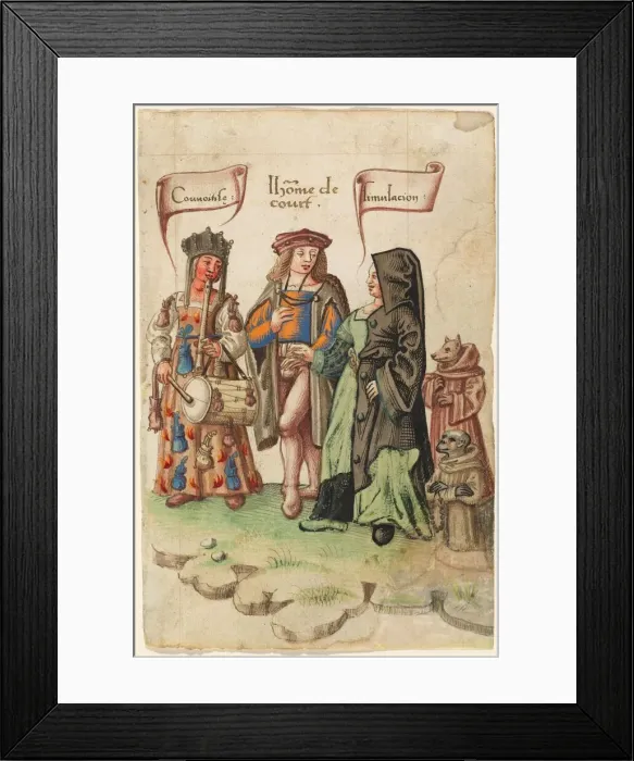 Framed Print : A Courtier Standing Between Covetousness and Dissimulation [fol. 14 recto], 1512  /  1514