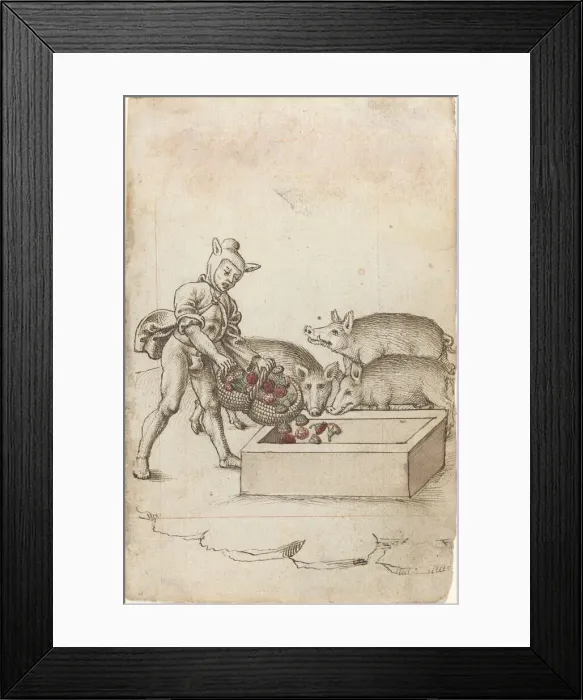 Framed Print : A Fool Feeding Flowers to Swine [fol. 42 recto], c. 1512  /  1515. Creator: Unknown