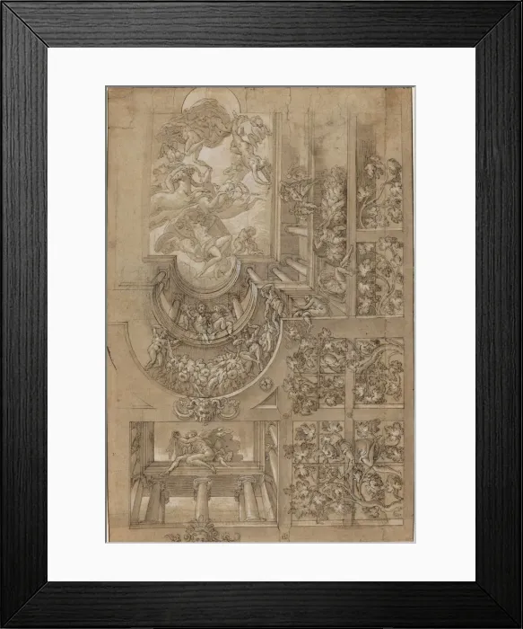 Framed Print : Illusionistic Ceiling with a Grape Arbor, Figures Poised on Galleries, and a Central Framed Print : Illusionistic Ceiling with a Grape Arbor, Figures Poised on Galleries, and a Central