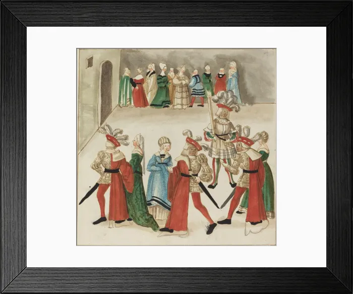 Framed Print : Three Men in Red Capes Dancing with Their Partners, c. 1515. Creator: Unknown Framed Print : Three Men in Red Capes Dancing with Their Partners, c. 1515. Creator: Unknown