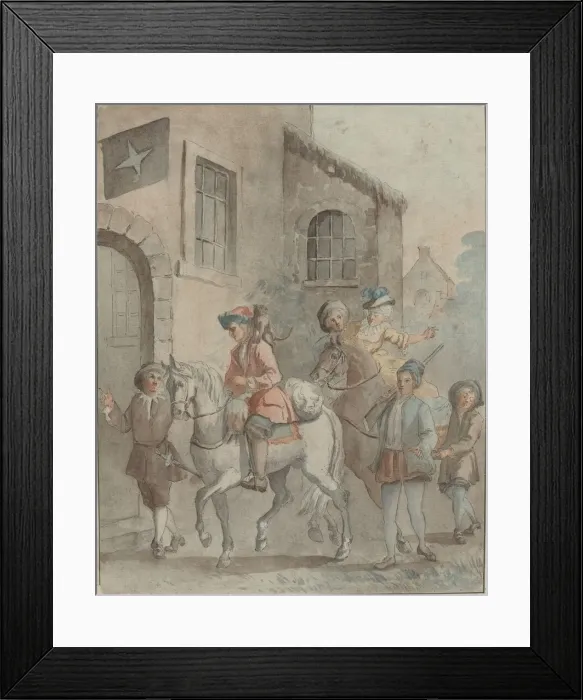 Framed Print : Arrival at an Inn, 18th century. Creator: Unknown Framed Print : Arrival at an Inn, 18th century. Creator: Unknown