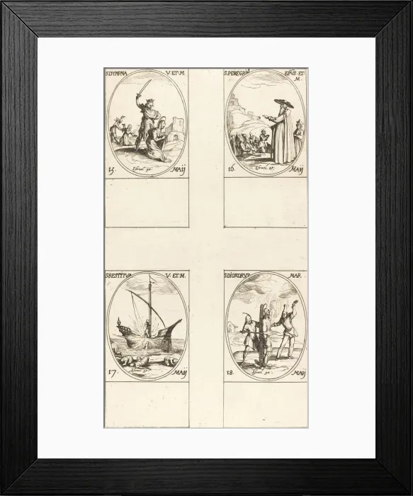 Framed Print : St. Dympna; St. Peregrinus; St. Restituta; St. Dioscorus. Creator: Jacques Callot Framed Print : St. Dympna; St. Peregrinus; St. Restituta; St. Dioscorus. Creator: Jacques Callot