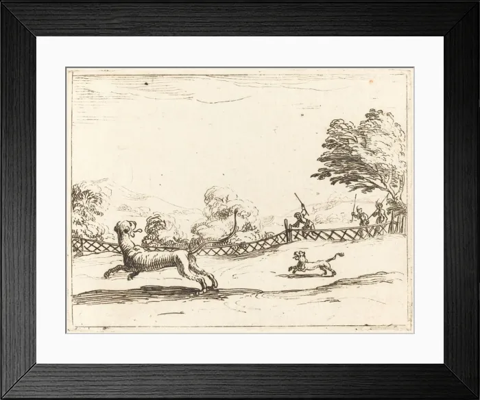 Framed Print : Lioness and Cub Pursued by Hunters. Creator: Jacques Callot Framed Print : Lioness and Cub Pursued by Hunters. Creator: Jacques Callot