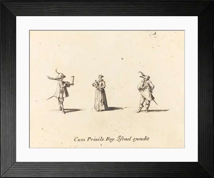 Framed Print : Lady with Wine Bottle, and Two Gentlemen, probably 1634. Creator: Jacques Callot Framed Print : Lady with Wine Bottle, and Two Gentlemen, probably 1634. Creator: Jacques Callot