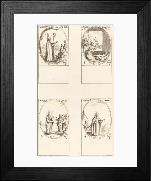 Framed Print : St. Mansuetus; Sts. Serapia and Erasma; Moses; St. Bertin, Abbot. Creator: Jacques Callot Framed Print : St. Mansuetus; Sts. Serapia and Erasma; Moses; St. Bertin, Abbot. Creator: Jacques Callot