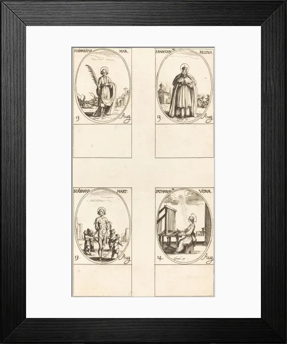 Framed Print : St. Hippolytus; St. Radegund, Queen; St. Cassian; St. Athanasia. Creator: Jacques Callot Framed Print : St. Hippolytus; St. Radegund, Queen; St. Cassian; St. Athanasia. Creator: Jacques Callot