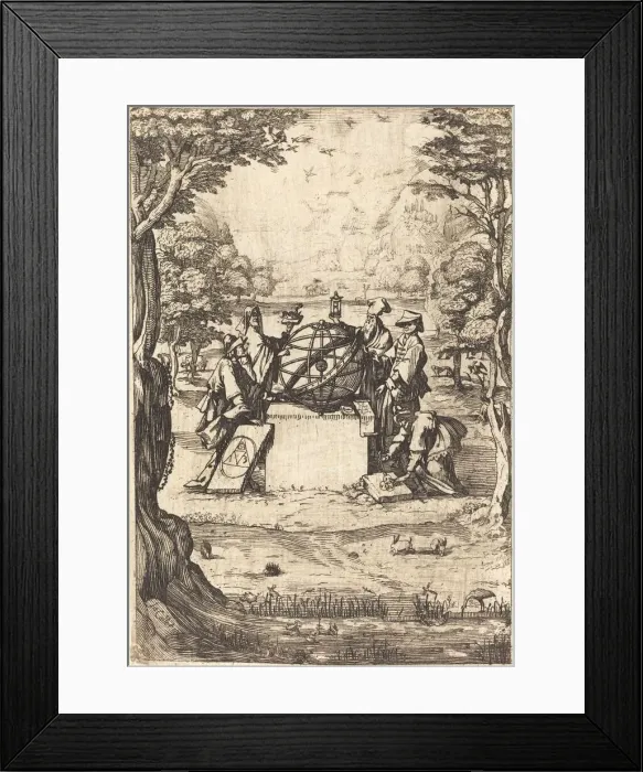 Framed Print : Frontispiece for the Sacred Cosmologia (Title With Astrologers). Creator: Unknown Framed Print : Frontispiece for the Sacred Cosmologia (Title With Astrologers). Creator: Unknown