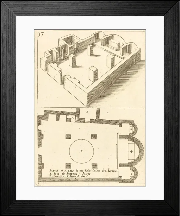 Framed Print : Plan and Elevation of the Church of S. Iacoma, 1619. Creator: Jacques Callot