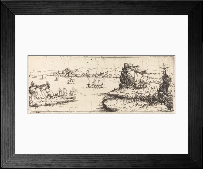 Framed Print : Landscape with Sail Boats [bottom plate], 1546. Creator: Augustin Hirschvogel