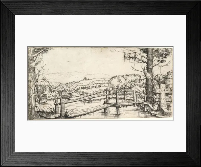 Framed Print : River Landscape with a Footbridge, 1546. Creator: Augustin Hirschvogel Framed Print : River Landscape with a Footbridge, 1546. Creator: Augustin Hirschvogel