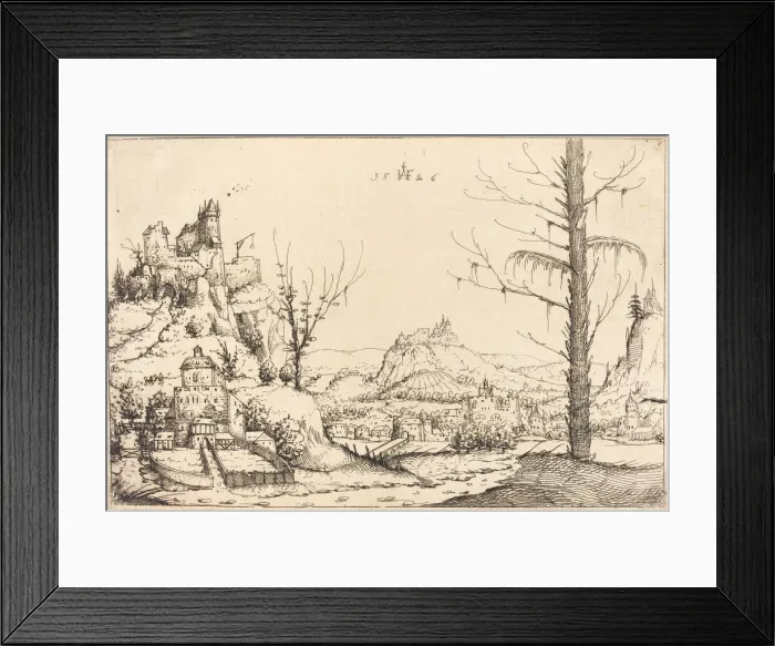 Framed Print : Landscape with High Cliffs, River, and City, 1546. Creator: Augustin Hirschvogel Framed Print : Landscape with High Cliffs, River, and City, 1546. Creator: Augustin Hirschvogel