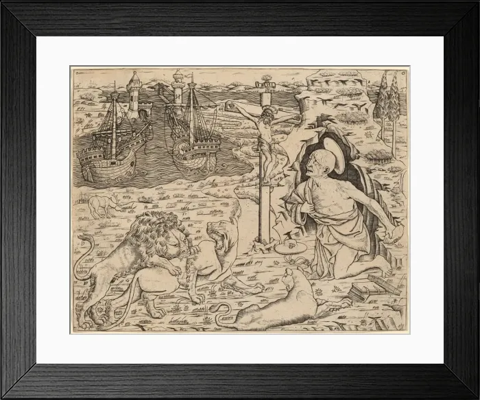 Framed Print : Saint Jerome in Penitence, with Two Ships in a Harbor, c. 1480 / 1500. Creator: Unknown Framed Print : Saint Jerome in Penitence, with Two Ships in a Harbor, c. 1480 / 1500. Creator: Unknown
