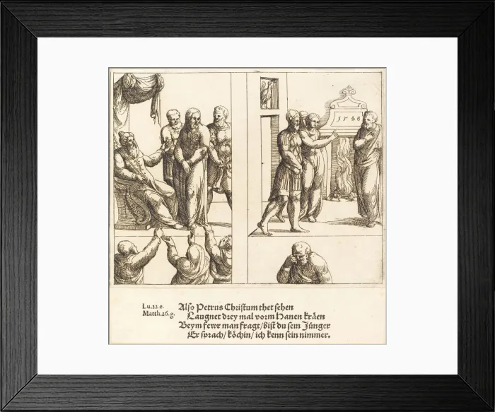 Framed Print : Christ before Caiaphas, and Peter Denying Christ, 1548. Creator: Augustin Hirschvogel